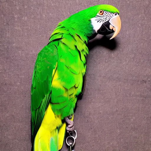 Image similar to a photo of a green parrot with a chain necklace around it's neck, the parrot is wearing the chain necklace around his neck, ultra high detail, 8 k.