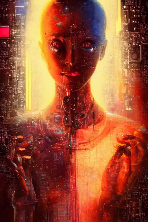 Prompt: portrait of computer & circuits, melting, nasa, 8 k, by tristan eaton, stanley artgermm, tom bagshaw, greg rutkowski, carne griffiths, ayami kojima, beksinski, giger, trending on deviantart, face enhance, hyper detailed, minimalist, cybernetic, android, blade runner, full of colour, super detailed