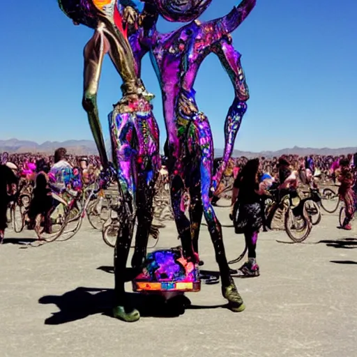 Image similar to aliens dancing on a art car at burningman