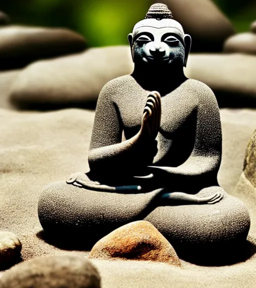 Image similar to a photograph of a sloth buddha meditating in a zen rock garden, nature photography, highly detailed, intricate details, sharp focus, celestial