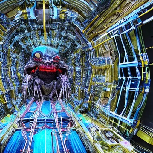 Prompt: of demons crawling out of the Large Hadron Collider at Cern carrying interdimensional technologies with them 8k extremely high level of detail