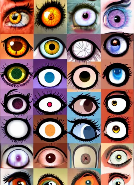 Prompt: diverse eyes!, dot pupils, round pupil, round iris, advanced art, art styles mix, from wikipedia, grid of styles, various eye shapes