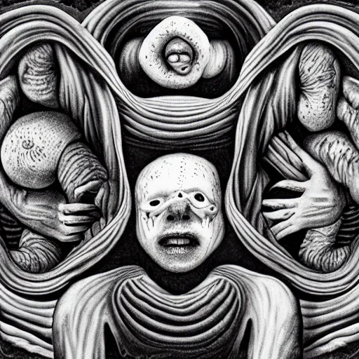 Prompt: lumpy organic matter in the style of tool album art, bodies piled and fused together, faces stretching in pain groaning, pure gluttonous mush, 8 k, ultra realistic, cinematic