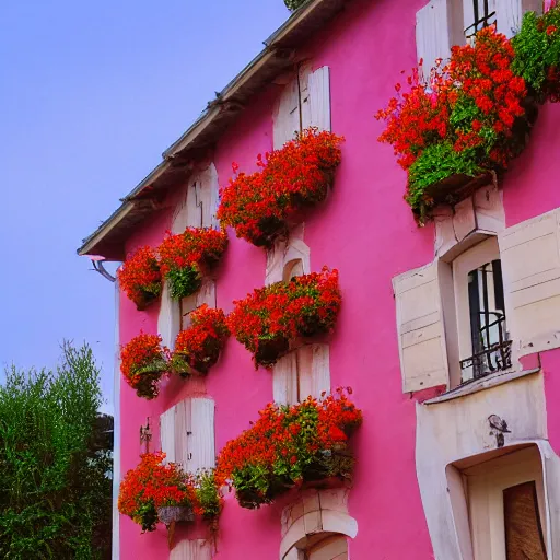 Prompt: a french building with flowers. sunset lighting.