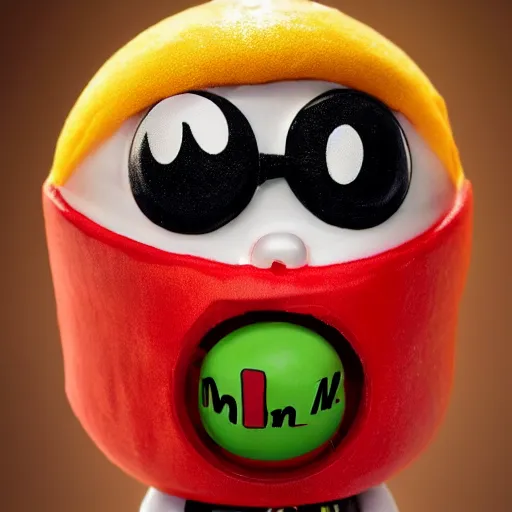 Image similar to eminem as the red m character standing on a floor coverd with m & m candies, m & m candy dispenser!!!, round red m & m figure, m & m mascot, m & m figure, m & m plush, unreal engine, studio lighting, figurine, unreal engine, volumetric lighting, artstation, cosplay, by hans bellmer