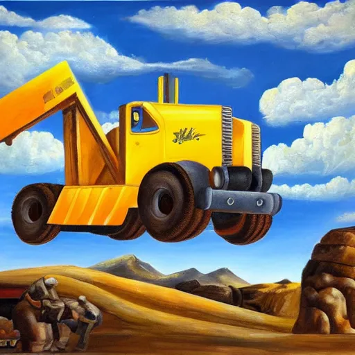 Image similar to an oil painting of a giant tonka truck, surrealism