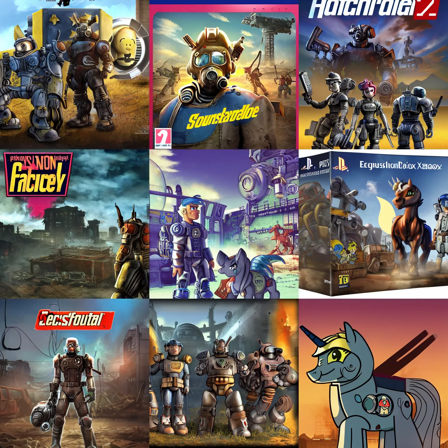 Prompt: ps 2 game box front cover for fallout : equestria | trending on artstation, 8 k, my little pony : friendship is magic, fallout, crossover | fallout 4 ps 4 cover art but with a pony in power armor looking at the viewer
