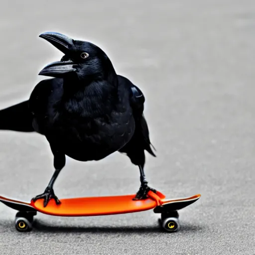 Image similar to a photo of a crow riding a skateboard