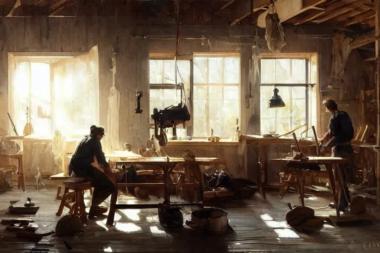 Image similar to simple craftsman fine woodworker building a wooden table in their well lit clean open workshop, art by anders zorn, wonderful masterpiece by greg rutkowski, beautiful cinematic light, american romanticism thomas lawrence, greg rutkowski