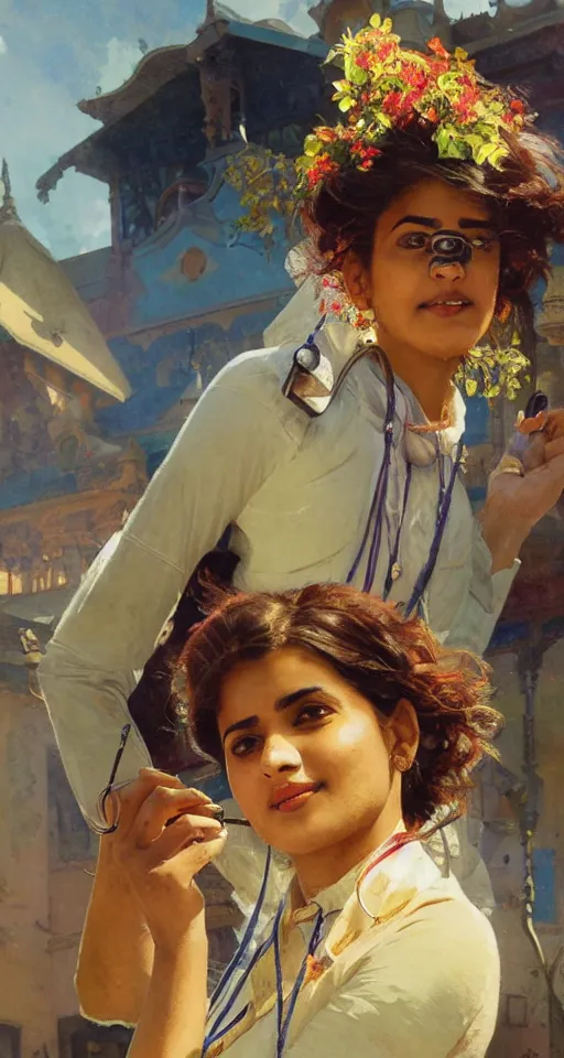 Prompt: close up of an anxious pretty young Indian doctor catching her flight, sun shining, photo realistic illustration by greg rutkowski, thomas kindkade, alphonse mucha, loish, norman rockwell.