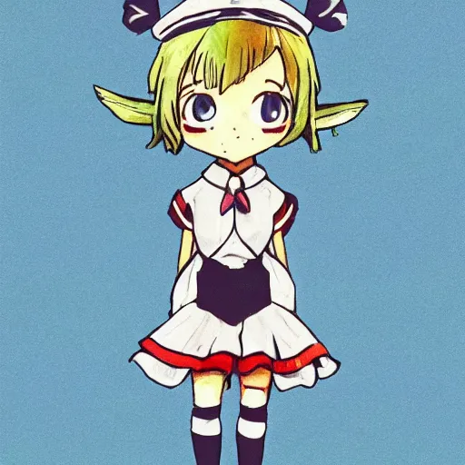 Image similar to little girl with an small curvy blonde hair wearing an sailor suit, artwork in made in abyss art style, inspired in balthus