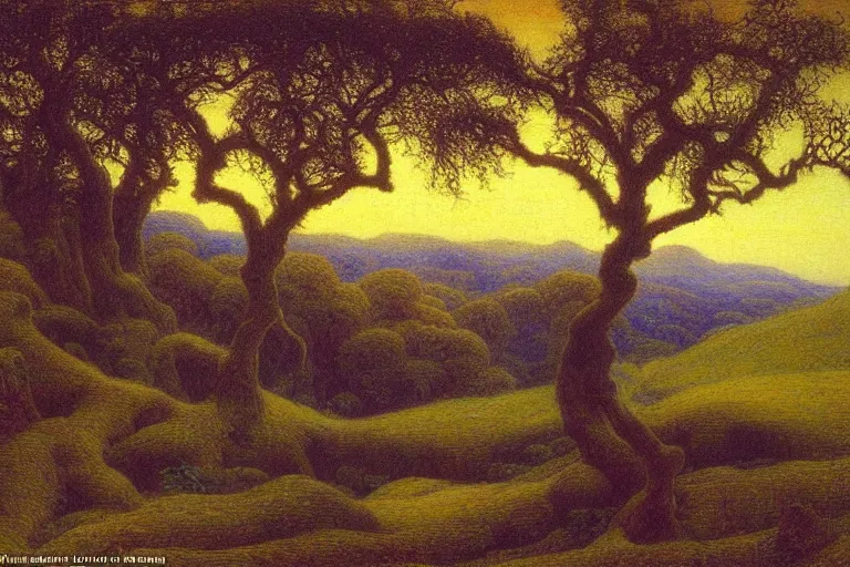 Prompt: masterpiece painting of oak trees on a hillside overlooking a creek, dramatic lighting, by jean delville