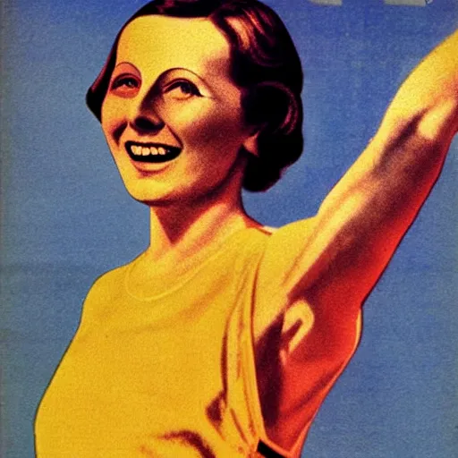 Image similar to a 1 9 2 8 poster. happy, healthy, smiling, sporty, glowing greta garbo in athletic wear.