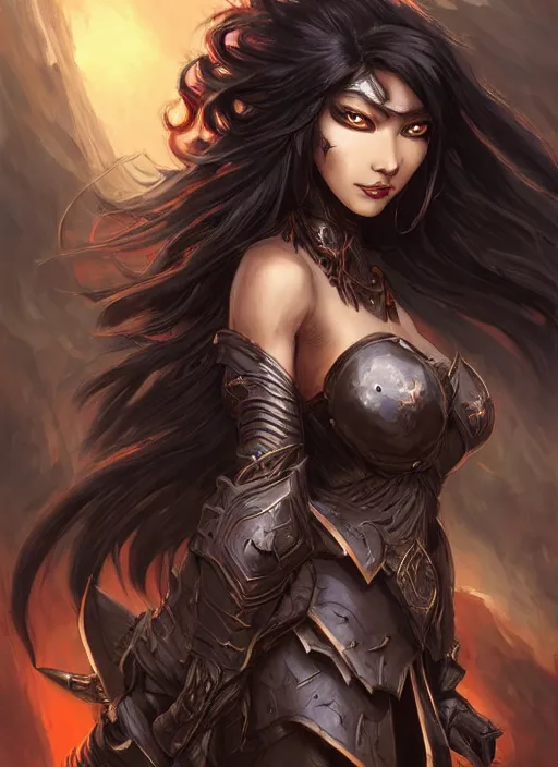 Image similar to beautiful warrior lady, black long hair, practical armor, brown skin, demonic eyes, low fantasy, extremely detailed, sharp focus, smooth, digital illustration, by rossdraws, frank franzzeta, sakimichan