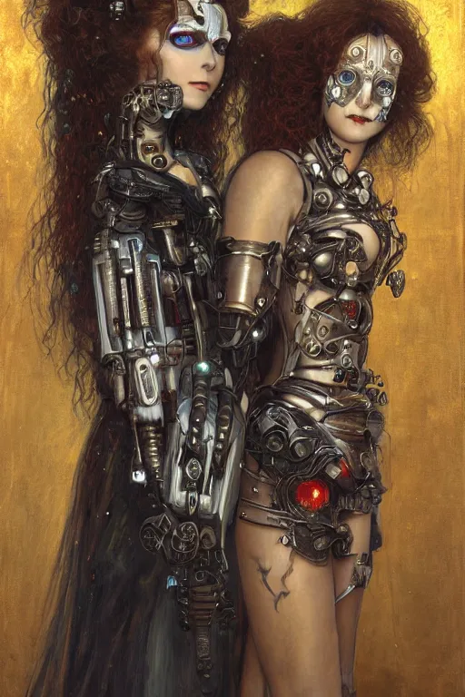 Prompt: portrait of two beautiful young gothic cyborg maidens, cyberpunk, Warhammer, kiss, highly detailed, artstation, illustration, art by Gustav Klimt