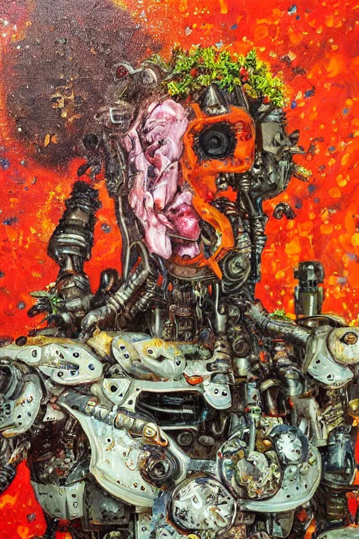 Prompt: oil painting, close-up, hight detailed, melting cyborg with flowers everywhere at red planet, in style of 80s sci-fi art and classicism