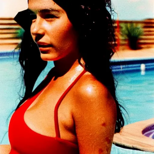 Image similar to clear photo of a beautiful and young female singer of native american descent in a pool with a red swimsuit taken in 1 9 7 6, high quality, highly detailed 7 0 s style photography, long dark hair, elegant pool, trending on pinterest, aesthetically beautiful, elegant