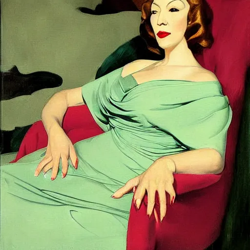 Image similar to portrait of write diva clarice lispector reclining on the sofa, green dress, by j. c. leyendecker, tamara de lempicka