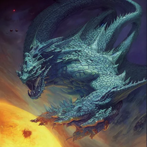 Image similar to Big blue scaled dragon devouring an earth like planet while flying in space, sun system, behemoth, nebula, oil painting, by Fernanda Suarez and Edgar Maxence and Greg Rutkowski