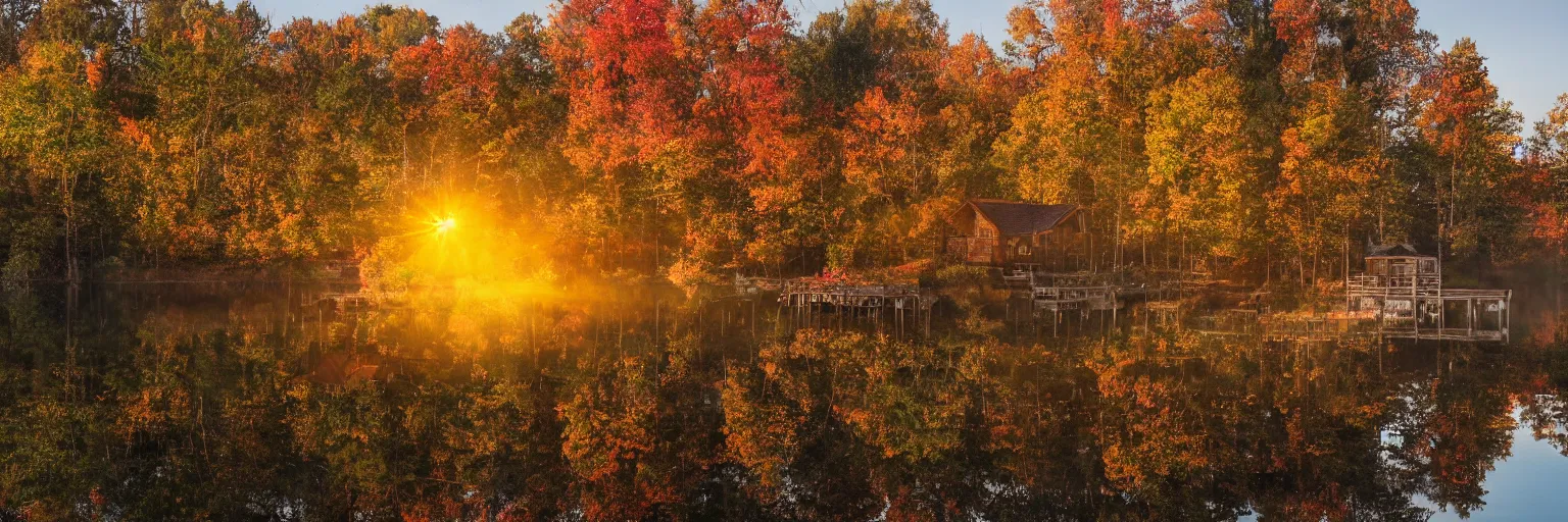 Prompt: a autumn forest, with a rustic house in front of a lake, at sunrise, with a pier from the house that leads to the lake