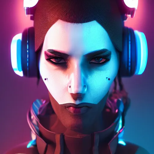 Image similar to A Portrait of a cyberpunk dj by koral bak, artstation, sci-fi, symmetric portrait, vray render, unreal engine, photorealism, volumetric lighting
