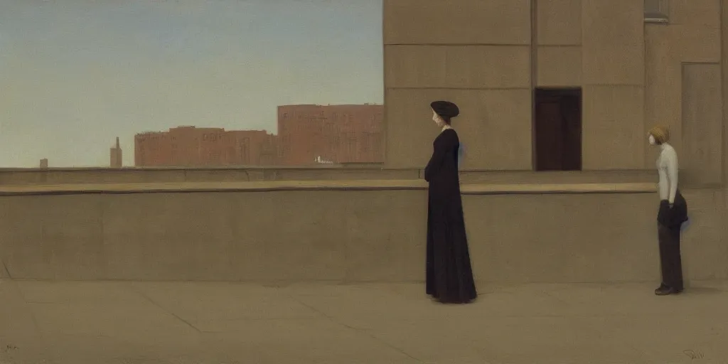 Image similar to lonely and sad urban landscape with a few people standing by edward hooper