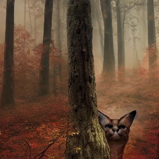 Image similar to Ryan Gosling holding a cute caracal in an autumn forest, by Aron Wiesenfeld and beksincki, cinematic, detailed illustration, nature, fog, dark colors, suspense, intricate, 8k