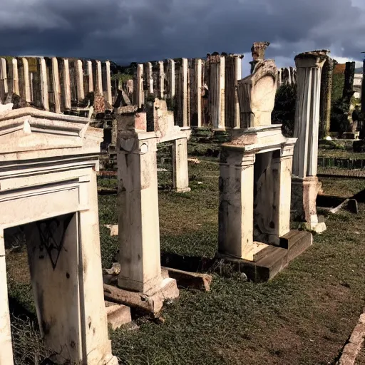 Image similar to Filmed photo of Rome necropolis, with satanic sculls