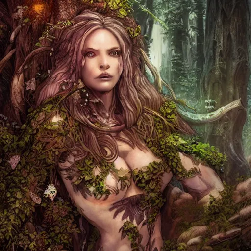 Image similar to high definition ink woodblock fantasy character art, hyper realistic, hyperrealism, elemental guardian of life, forest dryad, woody foliage, 8 k dop dof hdr fantasy character art, by aleski briclot and alexander'hollllow'fedosav and laura zalenga