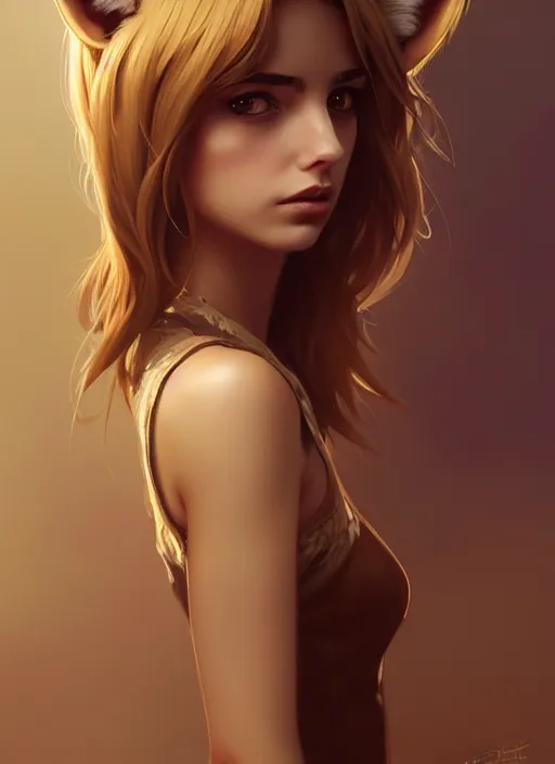 Prompt: ultradetailed beautiful panting of a stylish young lady ( ( ana de armas ) ) wearing a brown foxgirl suit with cat ears, dramatic, furry, she has blond hair, distressed, volumetric light, by greg rutkowski, ilya kuvshinov, james jean, makoto shinkai, on artstation