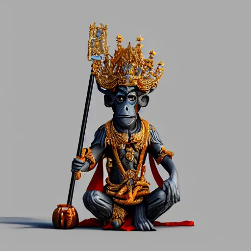 Prompt: monkey king godly lord of monkeys, wearing a crown, holding a staff, sitting in throne, dark lighting, dim lightning, red eyes, gothic dark style, black background, dark room, dusty old ruins 8 k render high detail