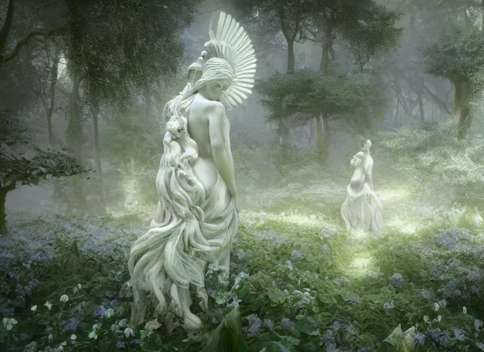 Image similar to idealistic marble statues with fractal flowery hair, seen from behind, in a magical forest, painted by, mc escher, gordon onslow ford, georgia o'keeffe and ivan aivazovsky, cinematic light, god rays, colourful, unreal engine, zbrush central,