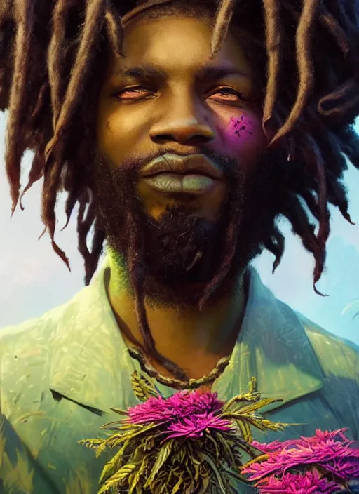 Prompt: portrait of fearless jamaican rasta warrior with flowing dreadlocks, surrounded by flowers of ganja. afrogoth matte painting concept art, beautifully backlit, intricate digital painting, subtle tones, cinematic aesthetic octane render, grimdark, by rhads, james jean, ross tran and artgerm