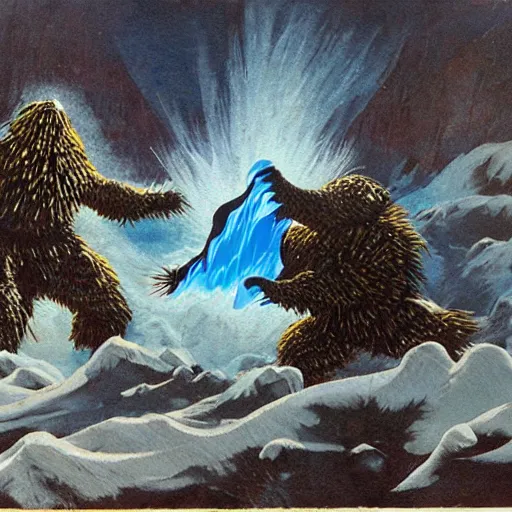 Image similar to yetis hurling flaming pinecones on an underground glacier, dark, blue ice, snow, frank frazetta