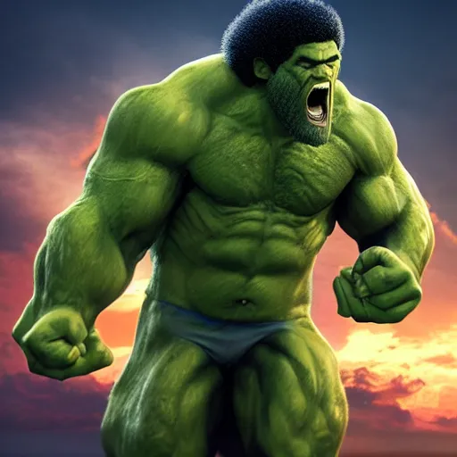 Image similar to full body portrait , photomanipulation of BOB ROSS as hulk with human flesh, marvel, fully detailed, volumetric lightening, octane render, 8k, masterpiece, epic composition, sharp focus