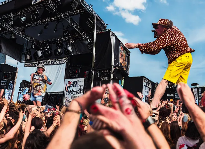 Image similar to photo still of gallagher at vans warped tour!!!!!!!! at age 6 3 years old 6 3 years of age!!!!!!! throwing bees at a crowd, 8 k, 8 5 mm f 1. 8, studio lighting, rim light, right side key light