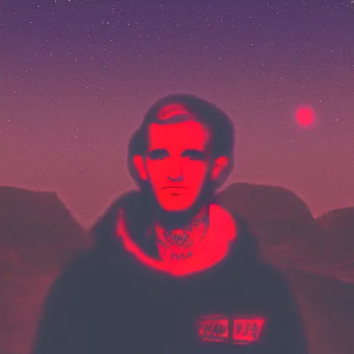 Prompt: lil peep on mars looking at camera, detailed, close shot, moonlight, red lighting, neon, glitch, synthwave, boke,