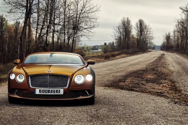 Prompt: modern rusty Bentley Continental GT without gloss no reflections drives along the road of an old Russian village with houses at the edges