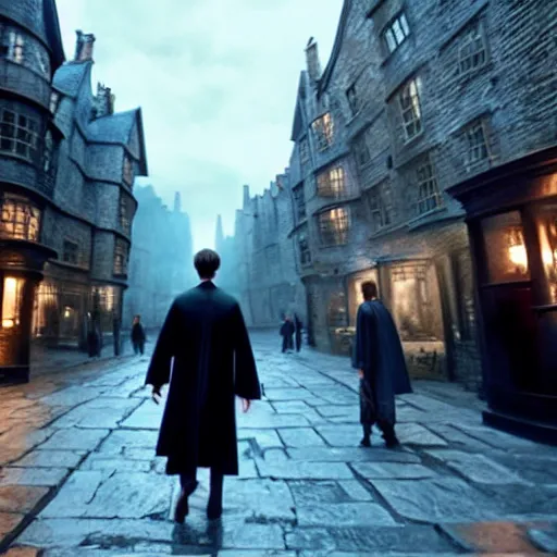 Image similar to Daniel radcliffe as harry potter, epic wide shot, cinematic shading, widescreen, sharp image, warm colors, Blu-Ray, directed by Christopher Nolan and Asher Duran