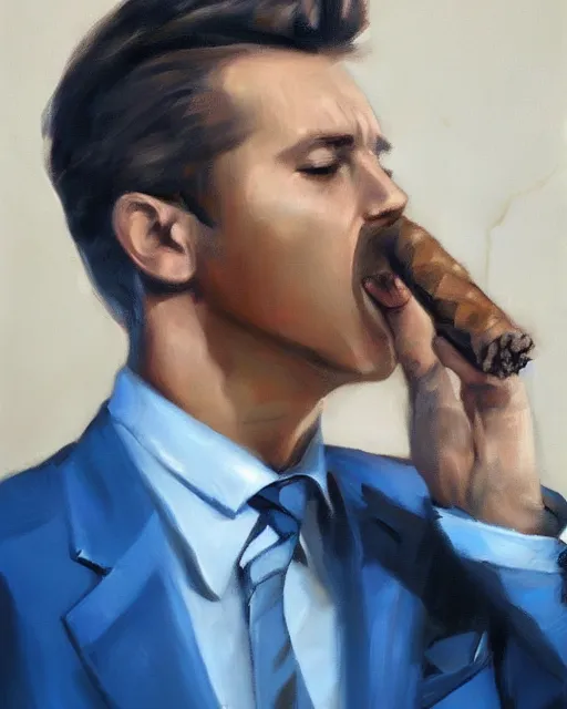 Image similar to Hyper realistic oil portrait of a man in his thirties smoking a cigar, dressed in a blue suit, by Mosh Art, trending on artstation