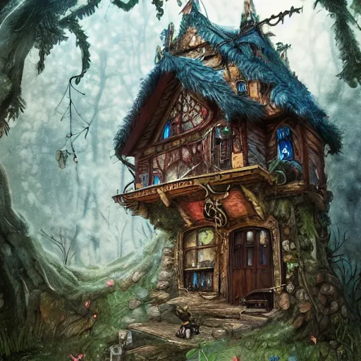 Prompt: a storybook illustration of a ramshackle multistory fairytale hut in the forest, intricate, elegant, fantasy, highly detailed, digital painting, concept art, sharp focus, trending on artstation