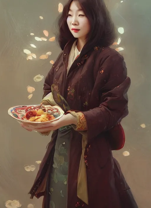 Prompt: beautiful grocery chinese woman in coat ， winer ， wenjun lin intricate, elegant, highly detailed, digital painting, artstation, concept art, matte, sharp focus, illustration, hearthstone, art by artgerm and greg rutkowski and alphonse mucha