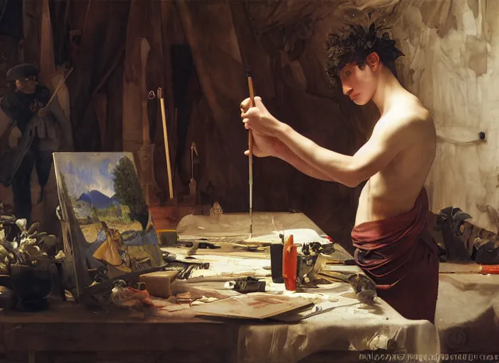 Image similar to a young painter in his studio painting a picture of a pokemon, by edgar maxence and caravaggio and michael whelan and delacroix style, artistic, intricate drawing, cinematic lighting, hyper realistic, extremely detailed, establishing shot, 8 k resolution, dramatic lighting