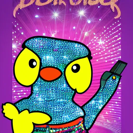 Image similar to the disco duck returns concert poster featuring the disco duck in his sparkling disco clothes.