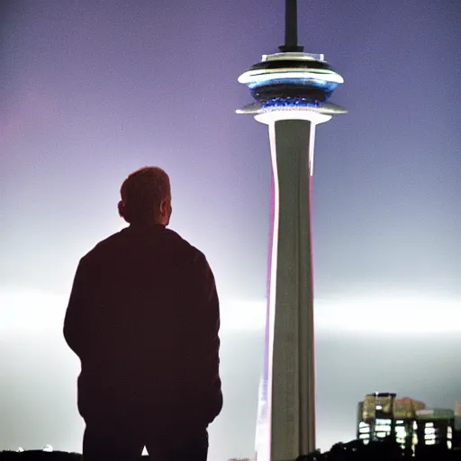 Prompt: man with planet mars as a head in front of Toronto space needle, dramatic epic cinematic lighting-n9