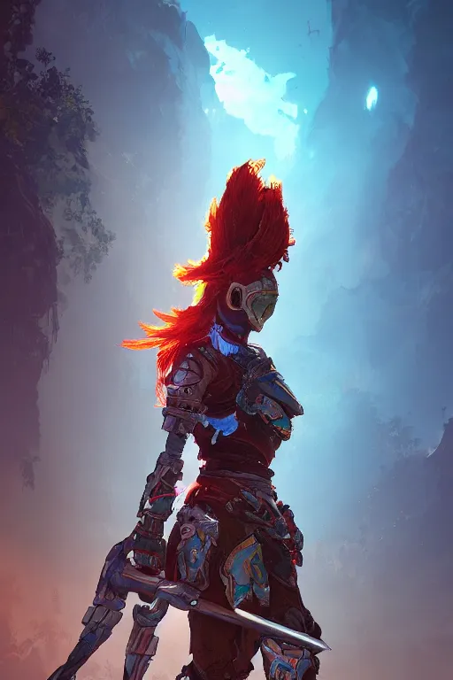 Image similar to combination suit armor aloy horizon forbidden west horizon zero dawn radiating a glowing aura global illumination ray tracing hdr fanart arstation by ian pesty and alena aenami artworks in 4 k tribal robot ninja mask helmet backpack