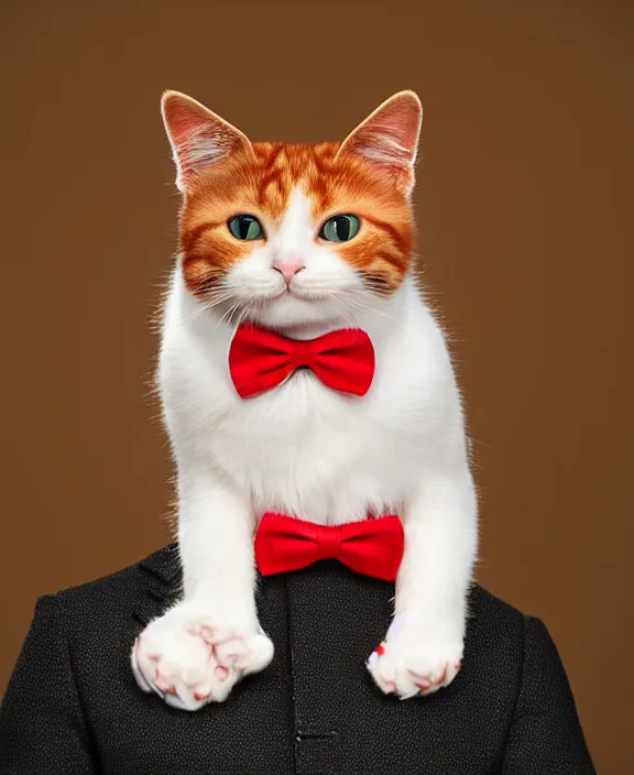 Prompt: award winning photography of a cute ginger cat wearing a smart black suit and a red bowtie