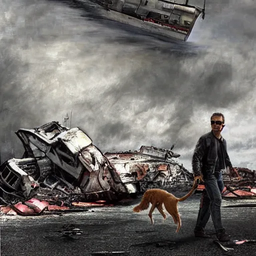 Prompt: digital art, terminator t 8 0 0 walking a poodle, background of wrecked ships