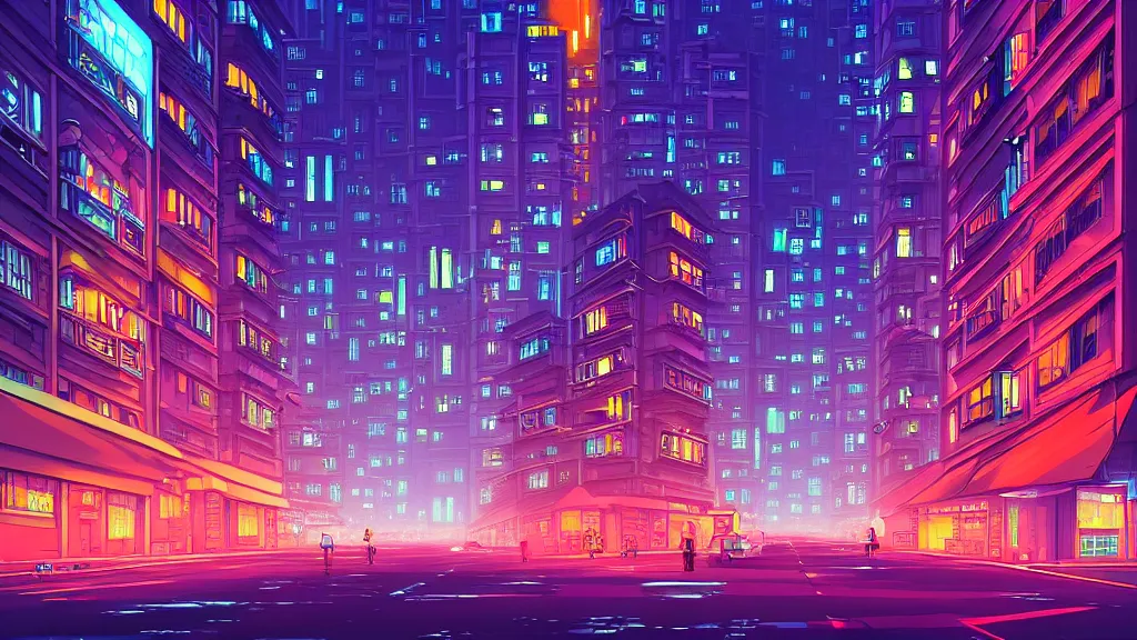 Image similar to street level view looking down the street of futuristic hong kong city at night by cyril rolando and naomi okubo and dan mumford and ricardo bofill. advertisements. neon. tower blocks.