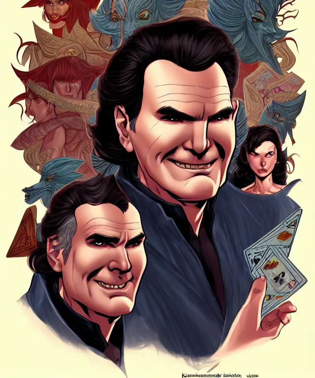 Image similar to a fantasy comic - style full portrait of a gambler who looks like norm macdonald, digital illustration by ken taylor and sana takeda and jenny frison, fine inking lines, vivid colors, dnd, highly detailed!, hd, 4 k, trending on artstation